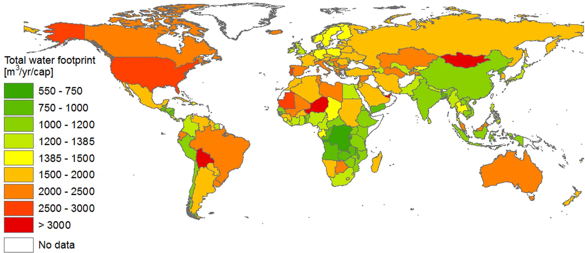 Mapa global de huella hídrica por países